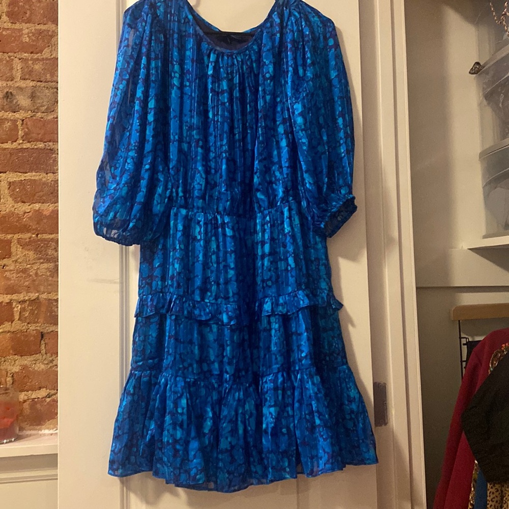 New with tags - blue, satiny tiered dress. Sheer sleeves